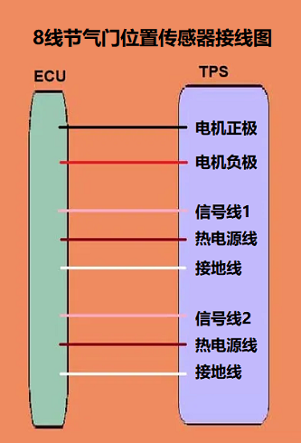 一個(gè)8線節(jié)氣門位置傳感器接線圖包含電機(jī)和電位器